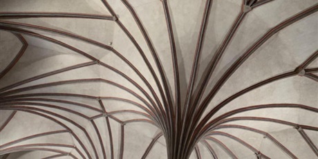 Powiększ grafikę: Fotografia sufitu w stylu gotyckim z misternymi, żebrowanymi, białymi sklepionymi łukami i ciemnobrązowymi drewnianymi kratownicami zbiegającymi się w centrum. Projekt architektoniczny charakteryzuje się ostrymi łukami i symetrycznymi wzorami, tworząc poczucie głębi i elegancji. Oświetlenie jest łagodne, podkreślając fakturę drewnianych żeber.